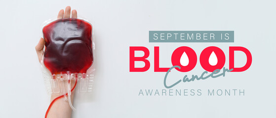 Female hand with blood pack on white background. World Blood Donor Day