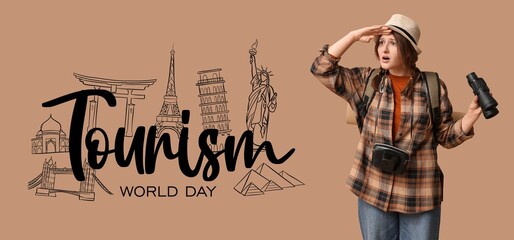 Female traveler on beige background. Banner for World Tourism Day