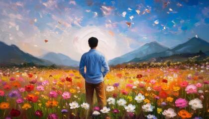 Emotional healing: An oil painting of a person standing in a field of blooming flowers, representing recovery and the renewal of the spirit