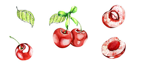 Set Juicy Bright Cherry Berries, Branches, Leaves. Watercolor Illustration. Elements Are Isolated. For Design Packaging Juices, Drinks, Jams, Menu Design, Textiles, Flavors, Wallpaper, Wrapping Paper