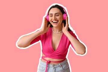 Smiling young woman with headphones on pink background