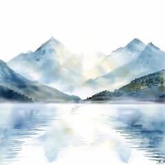Watercolor painting of a serene lake with misty mountains in the background, on isolated white background, Generative AI 