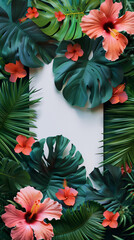 Frame of hibiscus leaves, white ceramic board for co6py in middle, flat color background