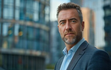 Fototapeta premium A light unshaven older man dressed in a casual business outfit stands confidently against a modern urban backdrop on a bright day