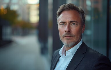 Fototapeta premium A light unshaven man dressed casually stands confidently in an urban setting, with soft sunlight creating a warm atmosphere around him