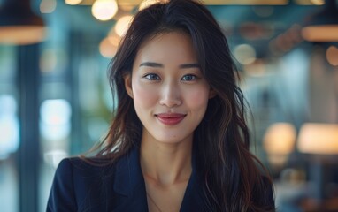 Fototapeta premium A confident Asian businesswoman smiles warmly while standing in a contemporary office filled with natural light
