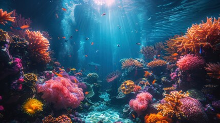 Obraz premium Serene underwater scene with various marine life and corals