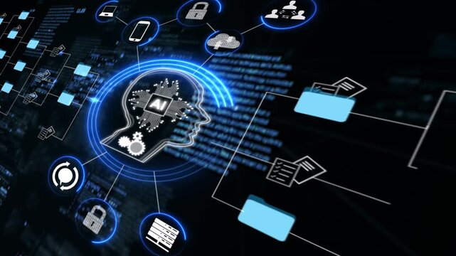 Ai Futuristic holographic interface of a file manager, folder structure with documents and data scanning, digital document storage software, cloud database, search and manage documents, paperless