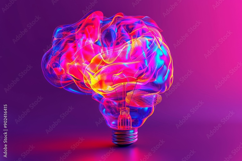 Poster neon brain in a light bulb representing creativity and technological innovation in a vibrant high te