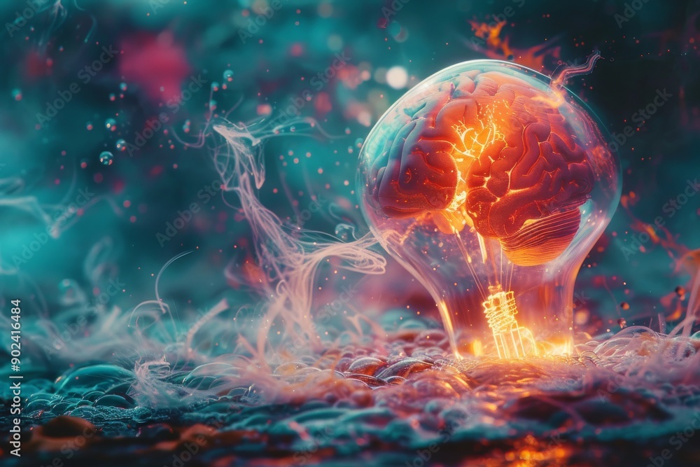 Poster glowing brain in a light bulb on a dark background symbolizing intelligence and creativity in a high