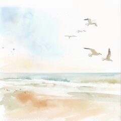Fototapeta premium Watercolor painting of a tranquil beach scene with blurred seagulls flying overhead, on isolated white background, Generative AI