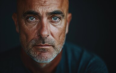 A balding man gazes intensely with striking blue eyes, framed by a rugged, bearded face in a dimly lit atmosphere