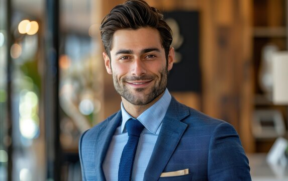 A male real estate agent stands confidently in a modern office, smiling amid a bustling environment filled with activity and engaged clients