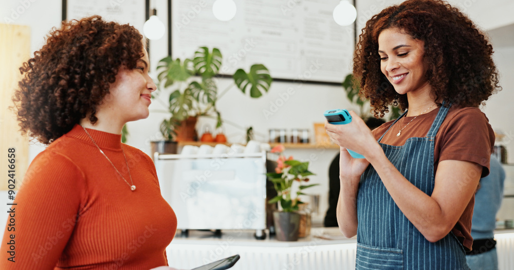 Wall mural Woman, smartphone and nfc with waiter in coffee shop to pay for sale, ecommerce and digital checkout. Customer, happy and technology for internet banking, payment and online transaction in cafe.