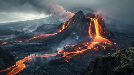 Majestic Volcanic Landscape: Barren Lava Rocks and Ash Deposits under Natural Lighting