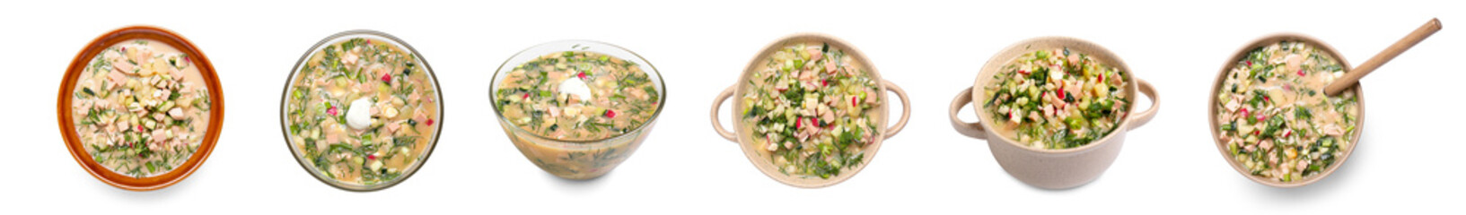 Collage of tasty okroshka soup isolated on white