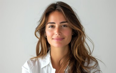 Naklejka premium A cheerful businesswoman with long hair smiles warmly at the camera while dressed in professional attire, conveying confidence and approachability