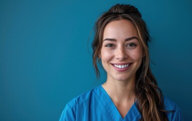 Fototapeta premium A cheerful female doctor or nurse poses against a vibrant blue backdrop, showcasing professionalism and warmth in her expression