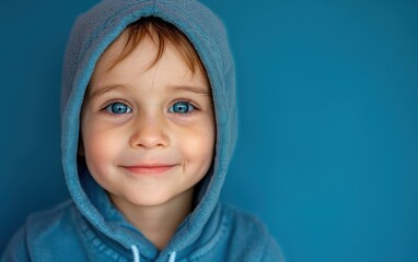 A cheerful young boy in a blue hoodie smiles warmly, his bright blue eyes shining against a matching blue backdrop, conveying a sense of joy and innocence