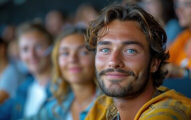 Fototapeta premium A cheerful man sits in the audience, sharing smiles with nearby attendees during an engaging event filled with excitement