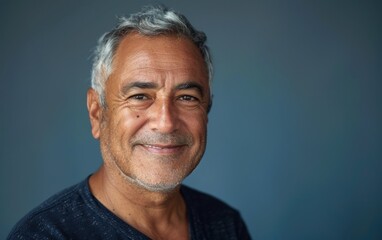 Obraz premium A joyful middle-aged Latin man smiles warmly, showcasing his friendly demeanor in a relaxed indoor environment