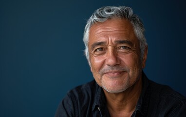 Obraz premium A middle-aged Latin man smiles warmly, showcasing his joy and friendliness in a simple and inviting setting