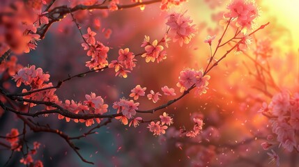 Cherry blossoms in spring against the sunset s colorful backdrop