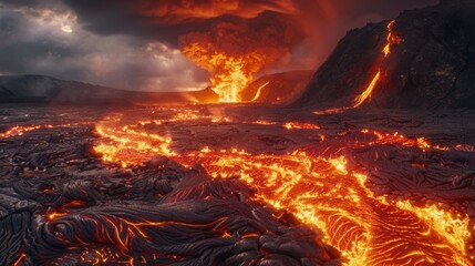 Majestic Volcanic Landscape: Hardened Lava Rocks and Ash Deposits under Natural Light