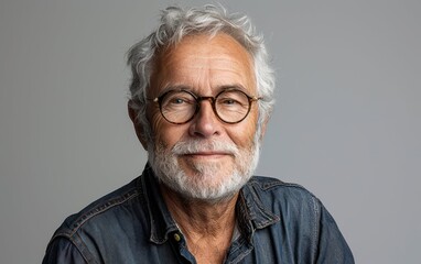 Obraz premium A senior man with grey hair smiles warmly, showcasing his joyful personality in a bright and casual environment