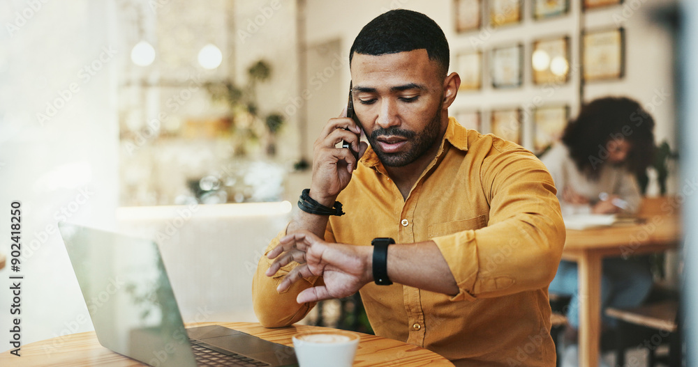 Poster man, cafe and checking time or phone call with laptop for remote work with communication as business