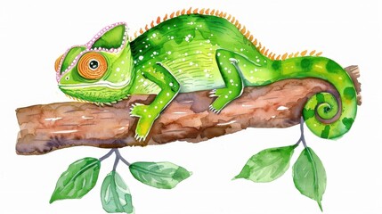 Fototapeta premium A vibrant watercolor illustration of a chameleon, showcasing its stunning colors and intricate details in natures beauty.
