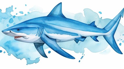 Naklejka premium A vibrant bull shark illustration in watercolor showcases the beauty of marine life, perfect for ocean enthusiasts and decor.
