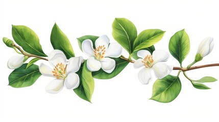 Obraz premium Delicate Neroli branch adorned with blooms and lush leaves, beautifully captured in vibrant watercolor on a clean white backdrop.