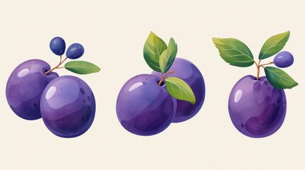 Vibrant plum illustrations showcase lush purple fruits paired with fresh green leaves against a crisp, clean background.