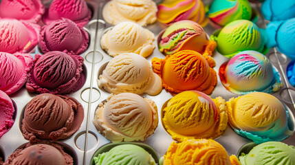 Obraz premium Colorful background with a variety of delicious ice cream flavors , ice cream, dessert, sweet, tasty, treat, colorful. Closeup of various colorful ice cream scoops. 