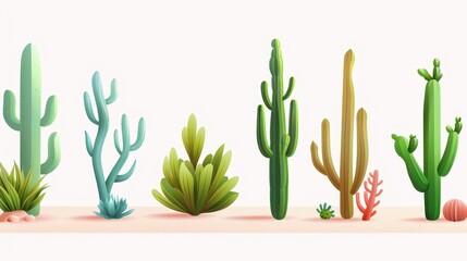 A vibrant set of isolated desert vegetation illustrations, showcasing unique plants against a clean white background.