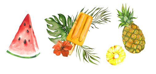 Tropical Fruits. Summer Composition. Watermelon, Pineapple, Juicy Bright Fruit Ice, Palm Leaves, Hibiscus Flower. Watercolor Illustration. Design Elements for Flyers, Posters, Textiles, Accessories