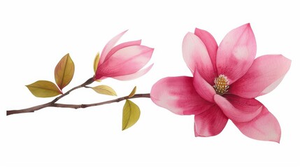 Obraz premium Delicate pink magnolia blooms on a slender branch. A watercolor masterpiece that captures natures elegance.