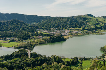 Azores - volcanic blus lake Sete Cidades, green landscape in Portugal, San Miguel