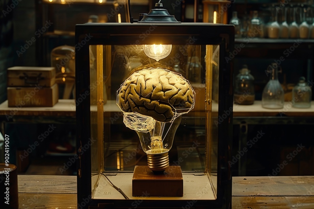 Poster illuminated brain light bulb in glass case antique setting warm lighting symbolizing innovation know