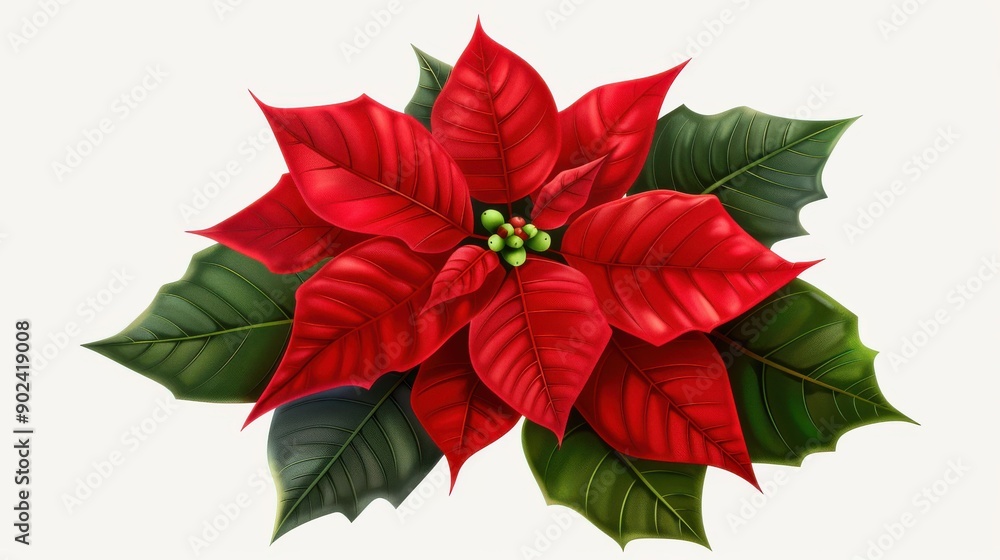 Poster A stunning vintage illustration of a poinsettia plant, featuring vibrant red blooms against a clean, white background. Perfect for holiday decor