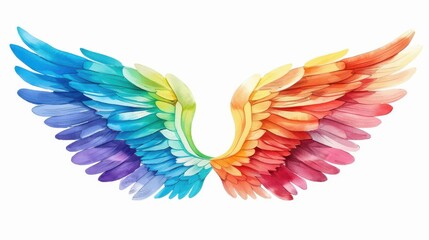 Obraz premium Vibrant rainbow angel wings stand out against a pure white backdrop, showcasing intricate details and a colorful design.