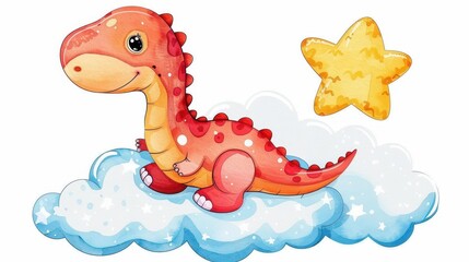 Adorable cartoon dinosaur resting on a fluffy cloud, perfect for baby showers and charming postcards. Whimsical watercolor art.