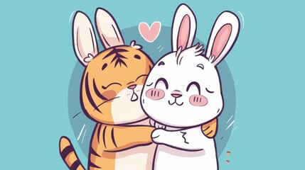 Adorable cartoon tiger and rabbit share a warm hug, showcasing their friendship in a whimsical, heartwarming scene.