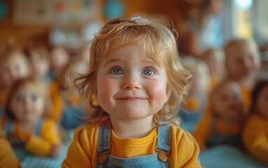 Fototapeta premium A small group of happy toddlers interact joyfully, showcasing cheerful expressions and vibrant clothing in a colorful classroom setting