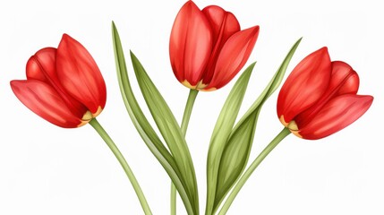 Naklejka premium Vibrant red tulips in watercolor create a fresh and lively arrangement, perfect for brightening any space or decor.