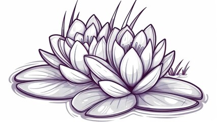 Delicate sketch of reeds and water lilies on a crisp white background, evoking the tranquility of a serene swamp landscape.