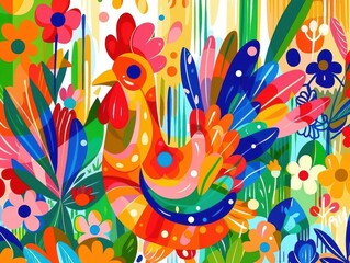 Obraz premium Bright cartoon chicken with quirky shapes and fun features, surrounded by whimsical characters, exuding joy on a vibrant background.