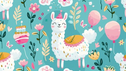 A whimsical llama celebrates with a birthday cake, colorful balloons, and a lovely floral blanket in soft watercolor hues.