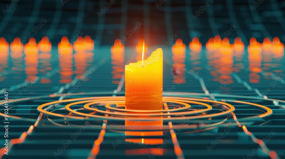 Poster description dynamic candlestick chart on a blue grid showcases the pulse of forex trading and financ